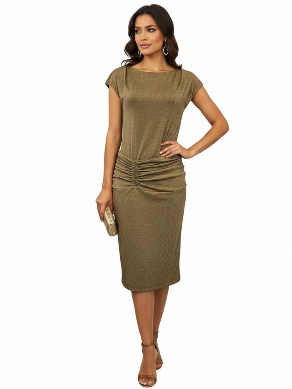 Donna Morgan Gold Shimmer Ruched Cap Sleeve Dress Size 4